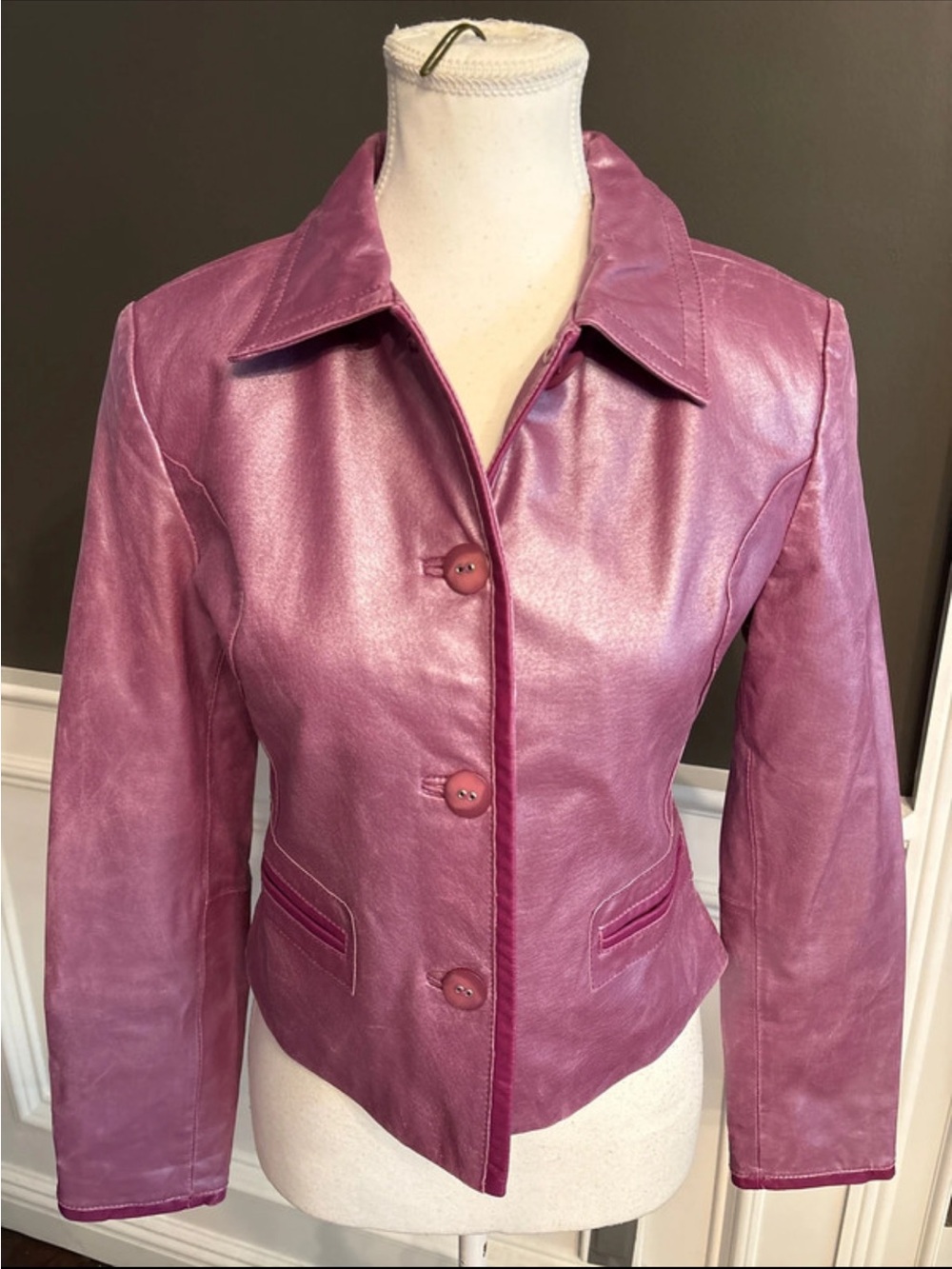 Women's pink mauve  metallic Leather Button-Front Jacket